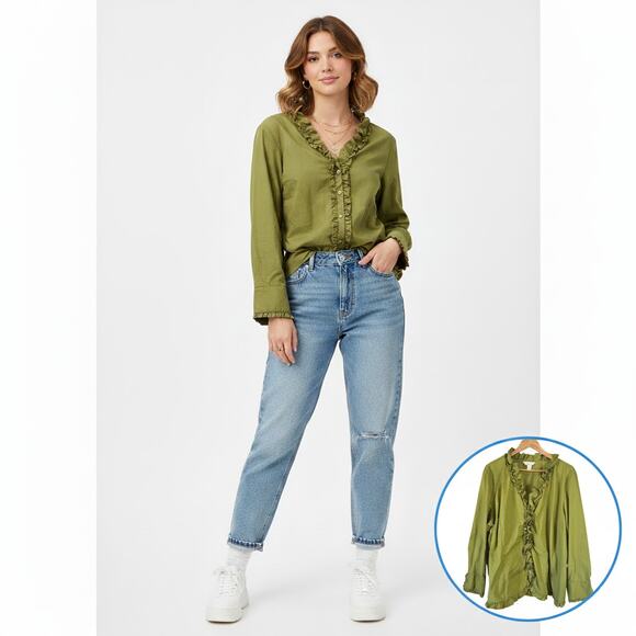 CJ Banks Tops - Vintage Y2K Boho Olive Ruffle Button Up Top Sz 3X Victorian Steampunk Romantic